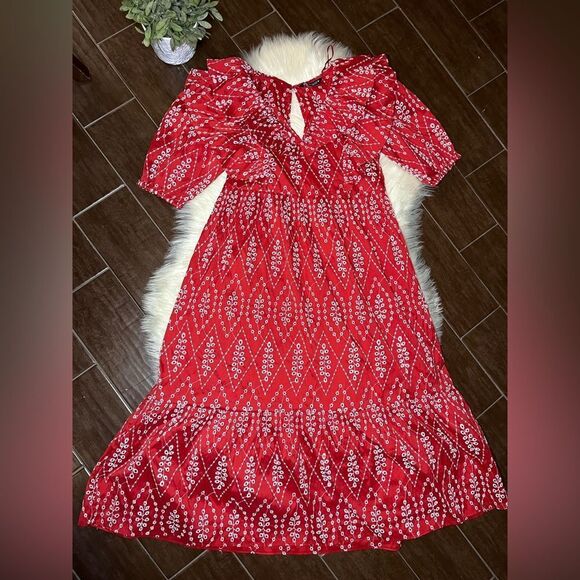 Zara Women red and white Dress With Cutwork Embroidery Sz Medium - Picture 2 of 11